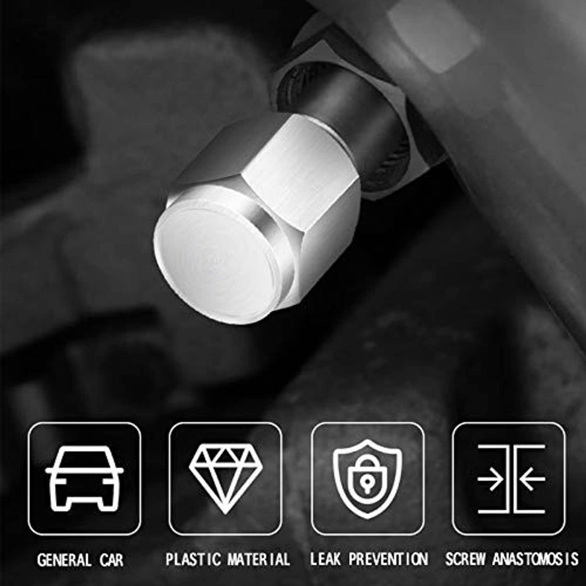 Chrome tire valve stem cap on a wheel valve stem, close-up with screw threads