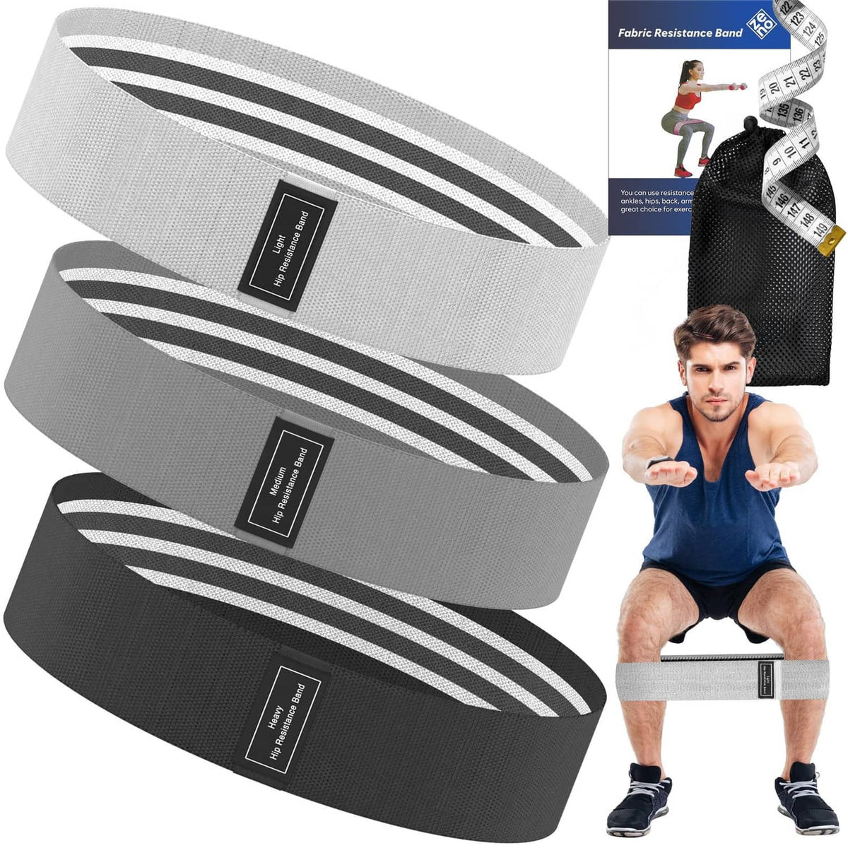 Set of three wide fabric resistance bands, dark and light gray with size labels