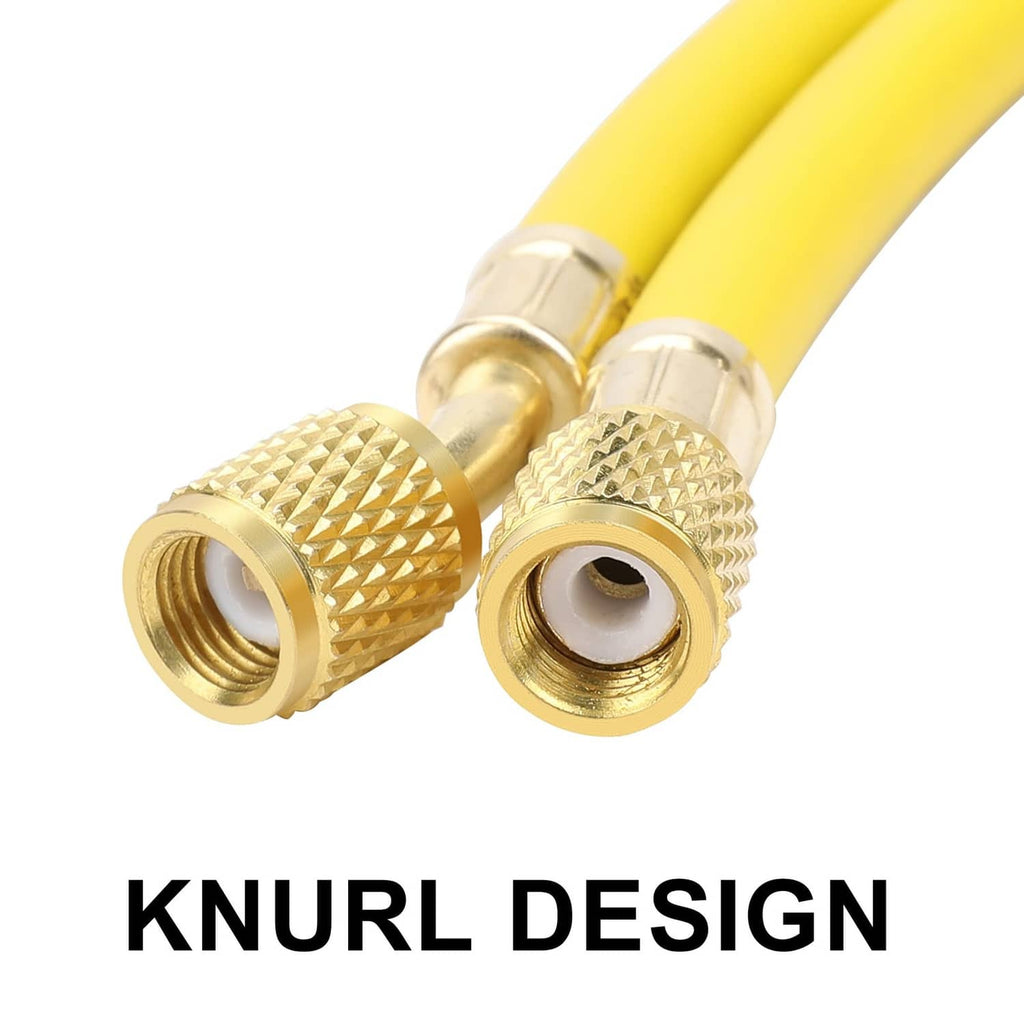 Yellow HVAC charging hose ends with gold knurled brass couplers