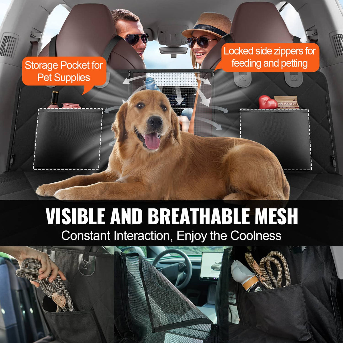 Black dog back seat cover with visible breathable mesh and side pockets with zippers