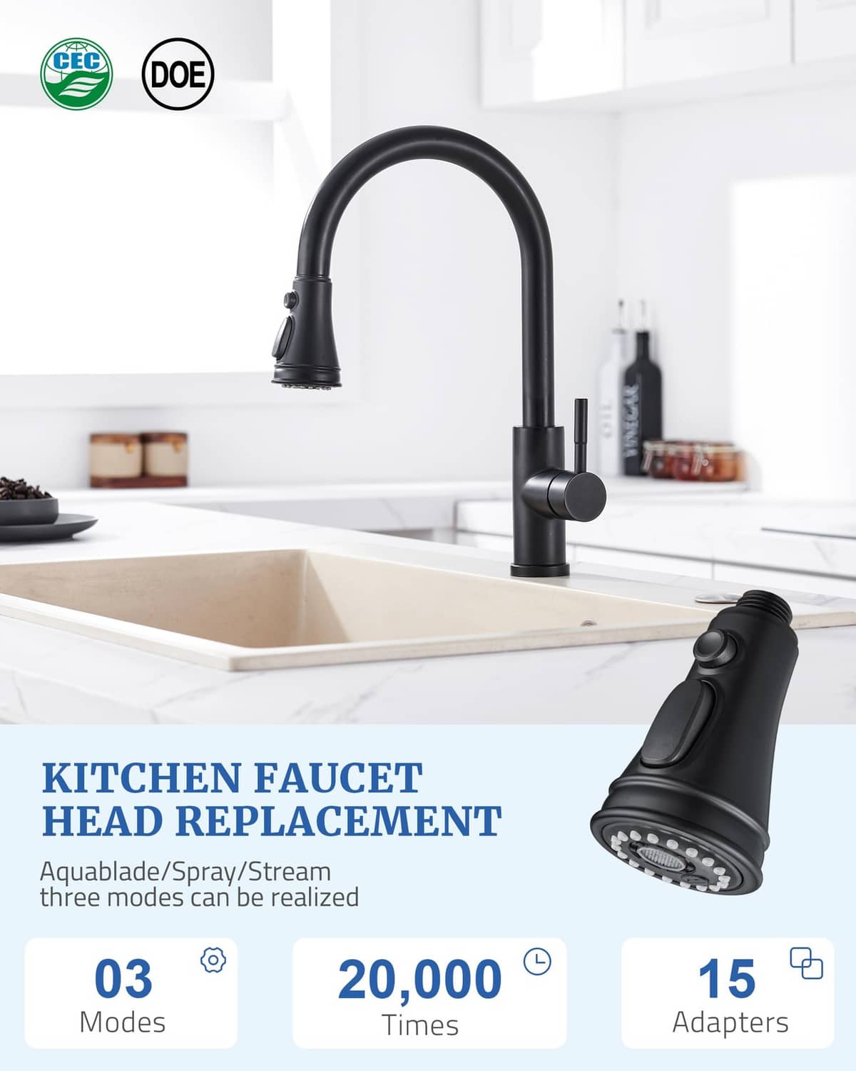 Matte black kitchen faucet spray head replacement with three spray modes