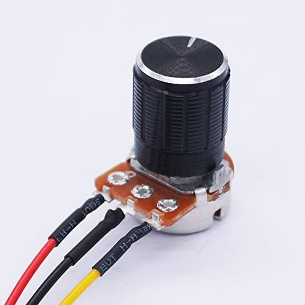 Rotary potentiometer with black textured knob and orange circuit board base