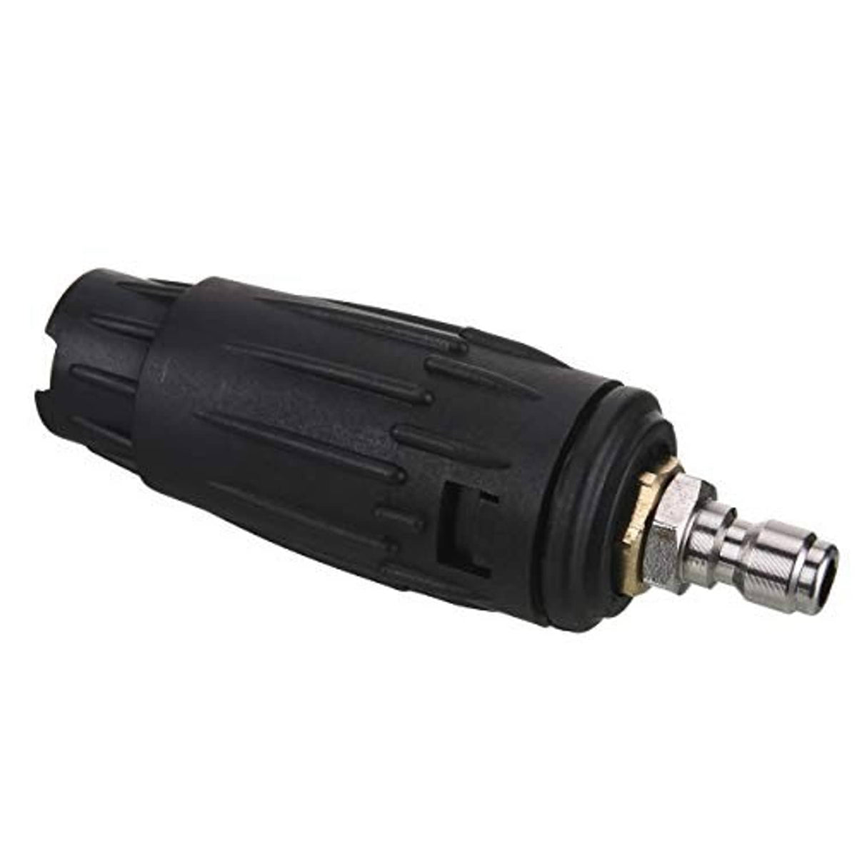 Black pressure washer nozzle tip with brass insert and quick-connect coupler