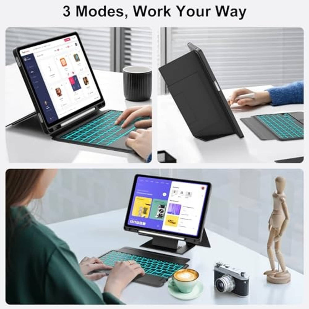 Black detachable keyboard case in portrait and landscape modes with teal backlit keyboard