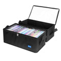Black fabric DVD storage case with clear hinged lid and side handles