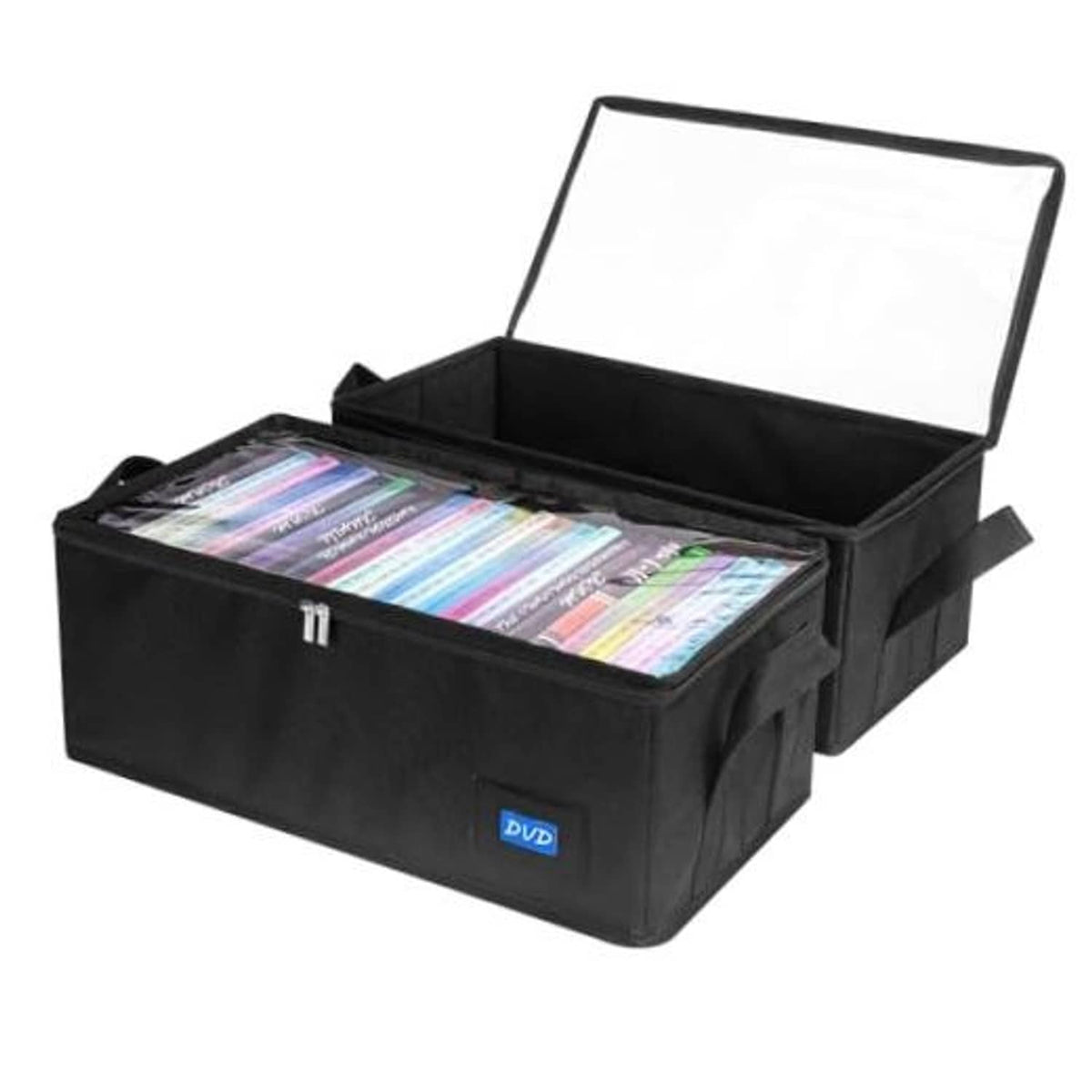 Black fabric DVD storage case with clear hinged lid and side handles