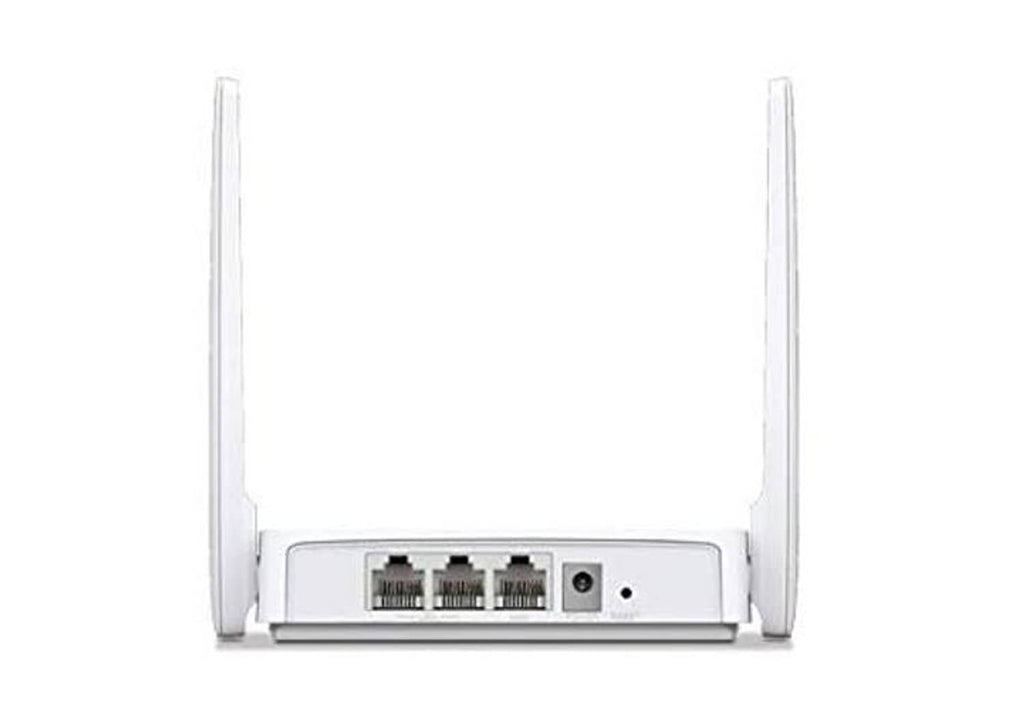 White Wi‑Fi router back view with Ethernet ports and power connector, two antennas