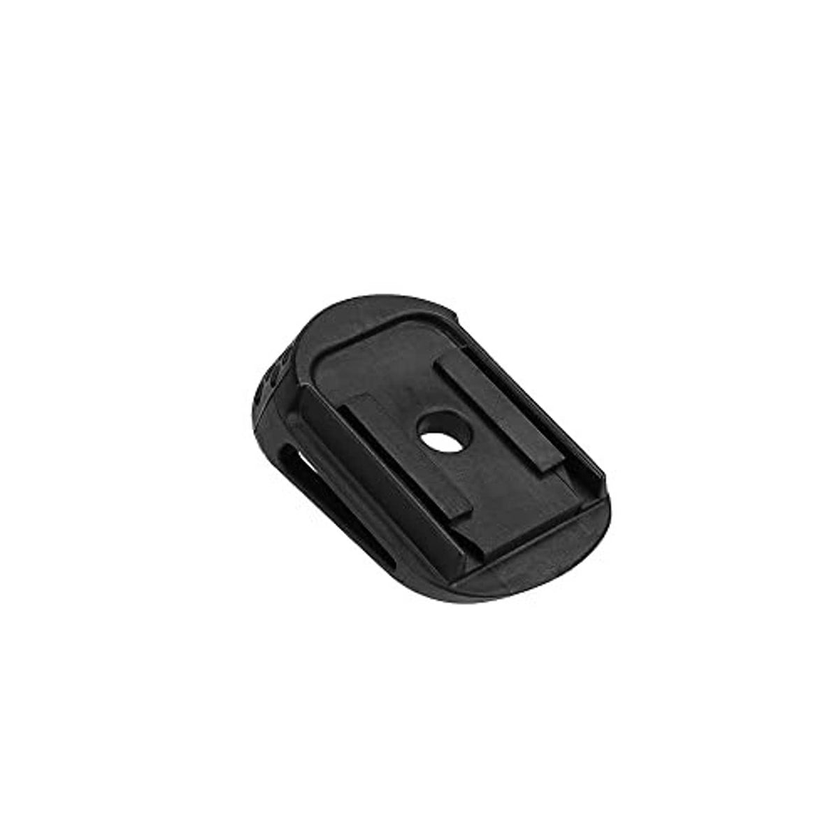 Bottom view of black pistol magazine extension grip, oval mounting opening