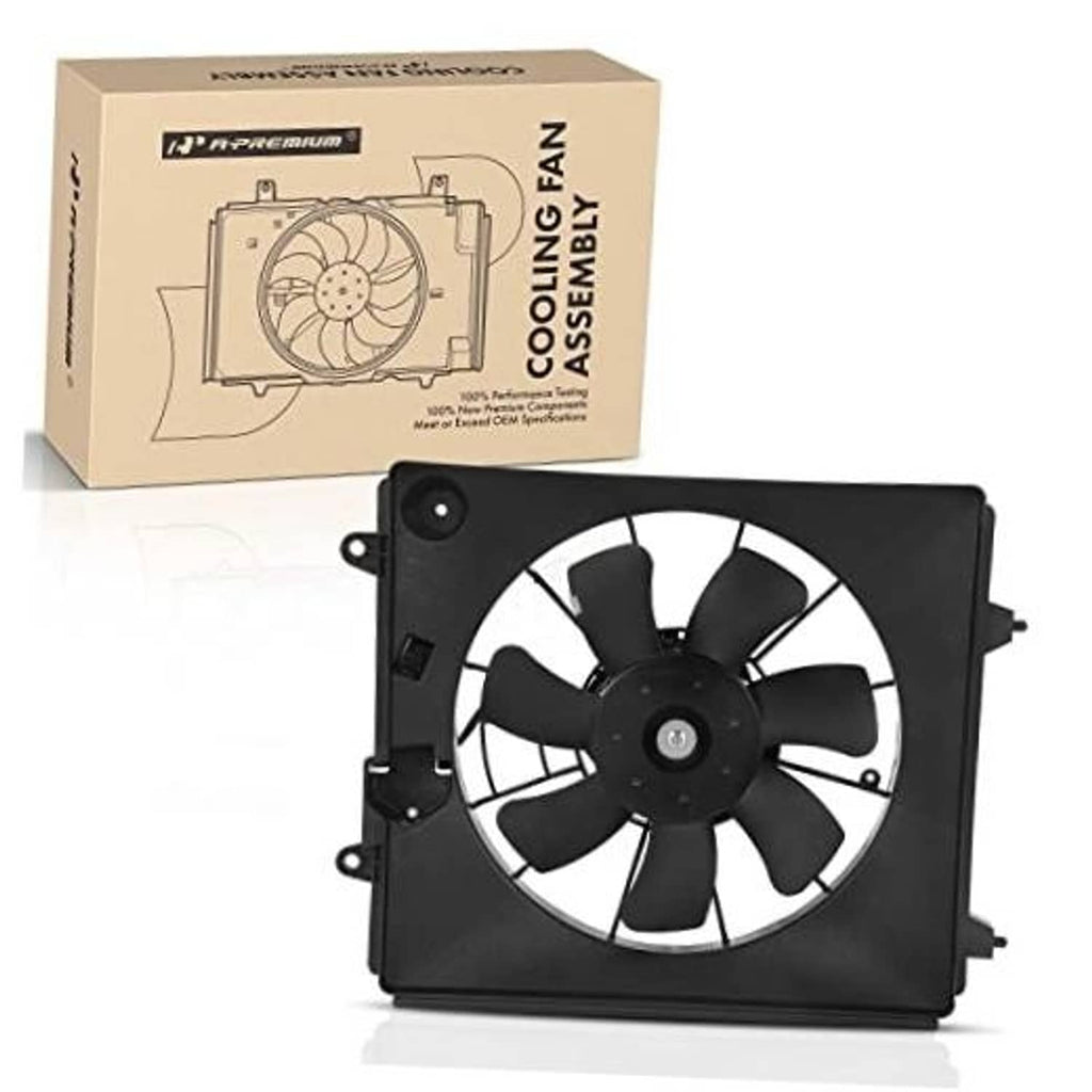 Right A/C condenser cooling fan assembly with black shroud and multi-blade fan