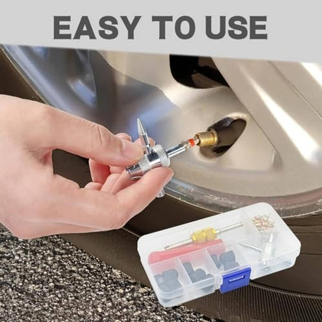 Hand using valve core remover tool on a car valve; clear organizer with spare parts
