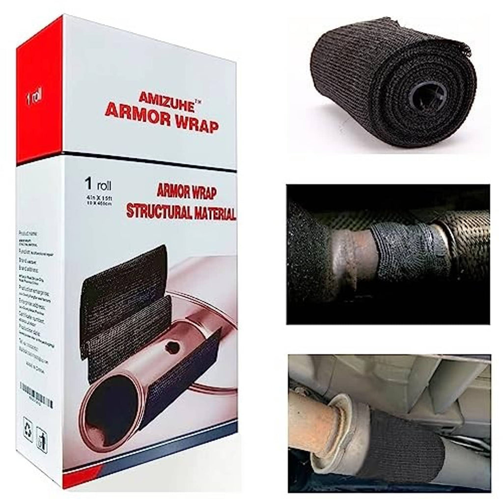 Fiberglass exhaust repair wrap roll with cardboard box packaging, black woven material.