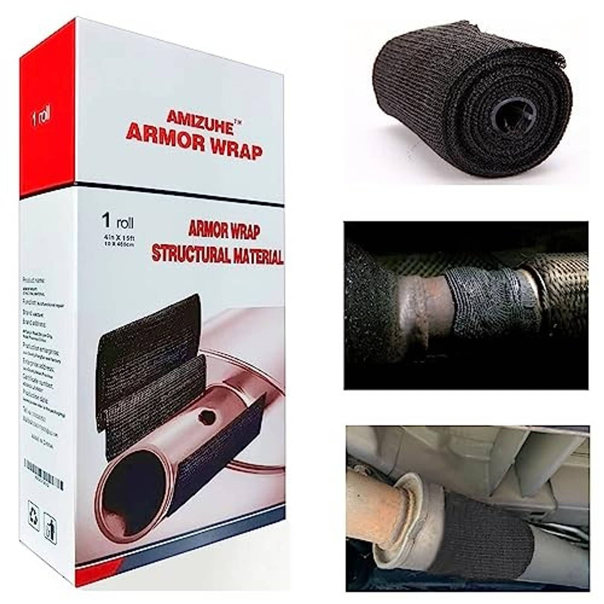 Fiberglass exhaust repair wrap roll with cardboard box packaging, black woven material.