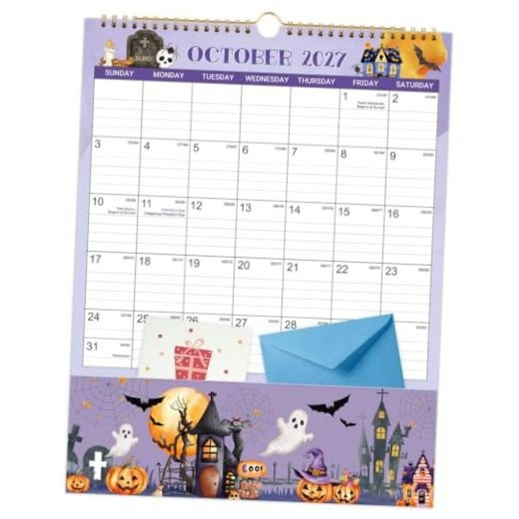 Pocket calendar page for October 2027 with spiral binding and Halloween border art