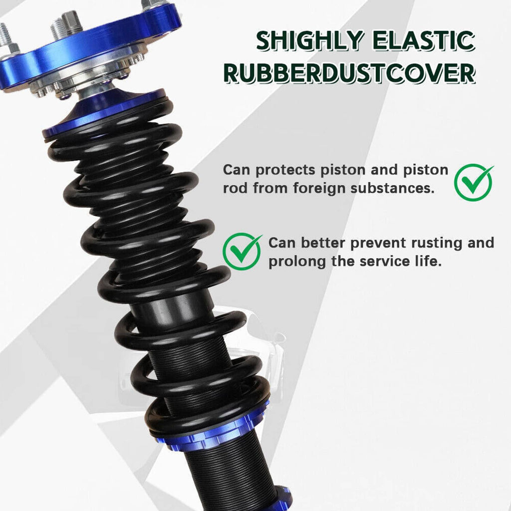 Adjustable coilover strut with black spring and blue top, close-up of rubber dust cover