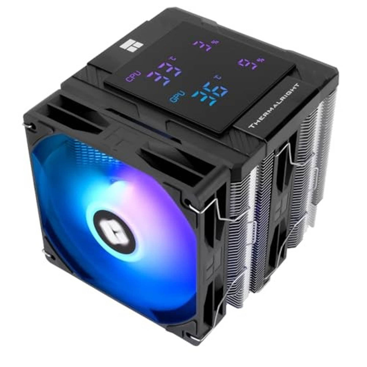 Black CPU cooler with blue ARGB fan, fin stack, and top digital ARGB panel