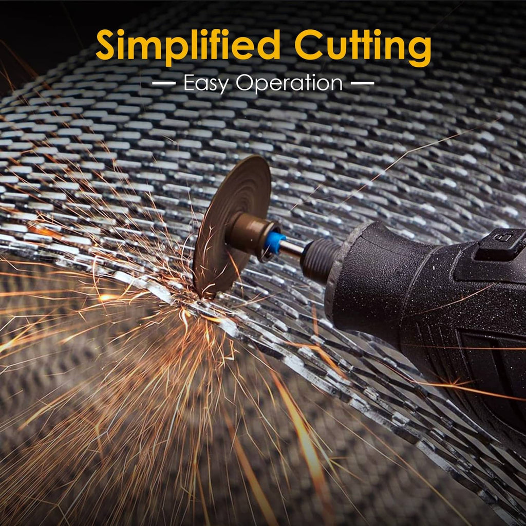 Power tool with pink cutting wheel generating sparks while cutting material