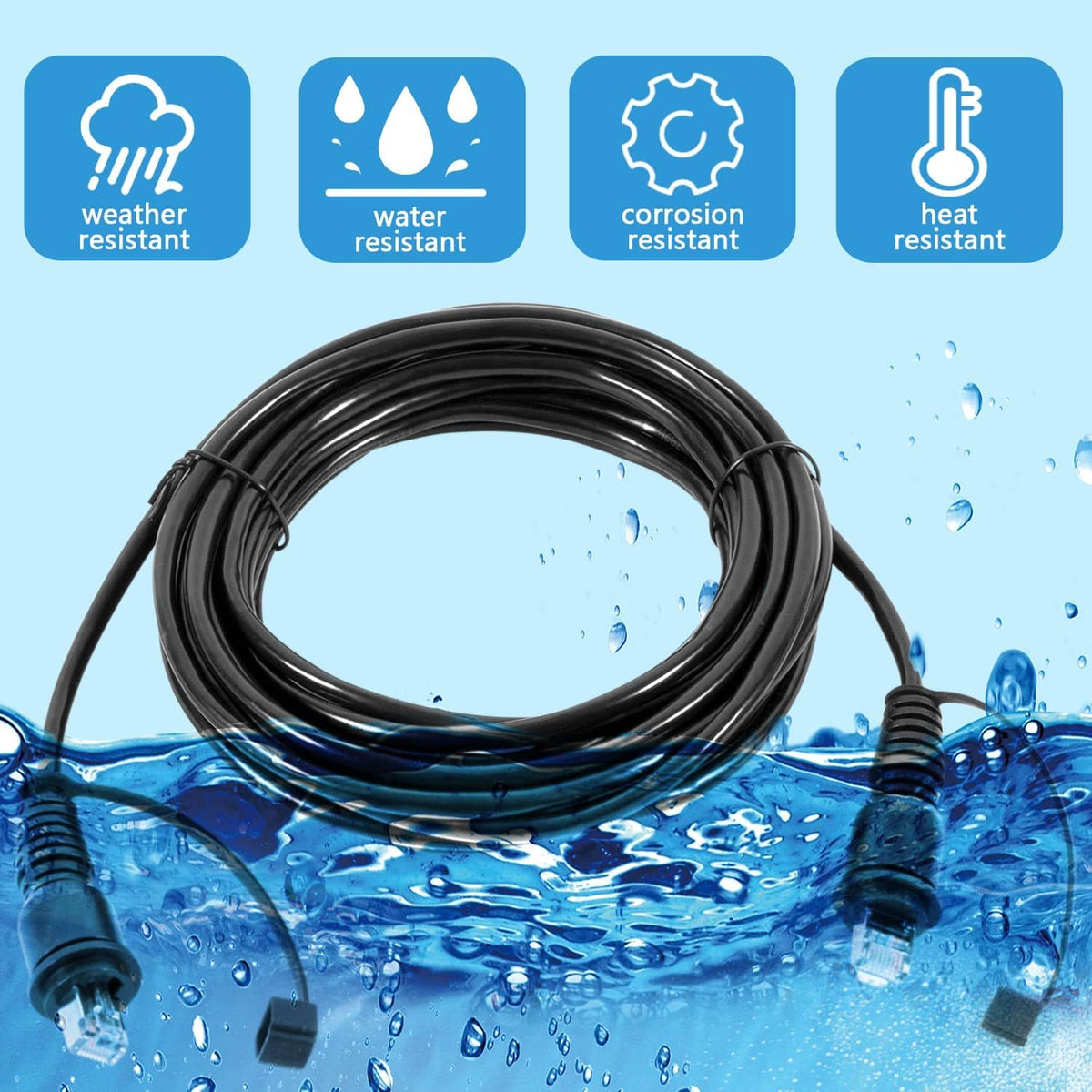 Marine network cable with coiled black cable and two RJ45 waterproof end connectors