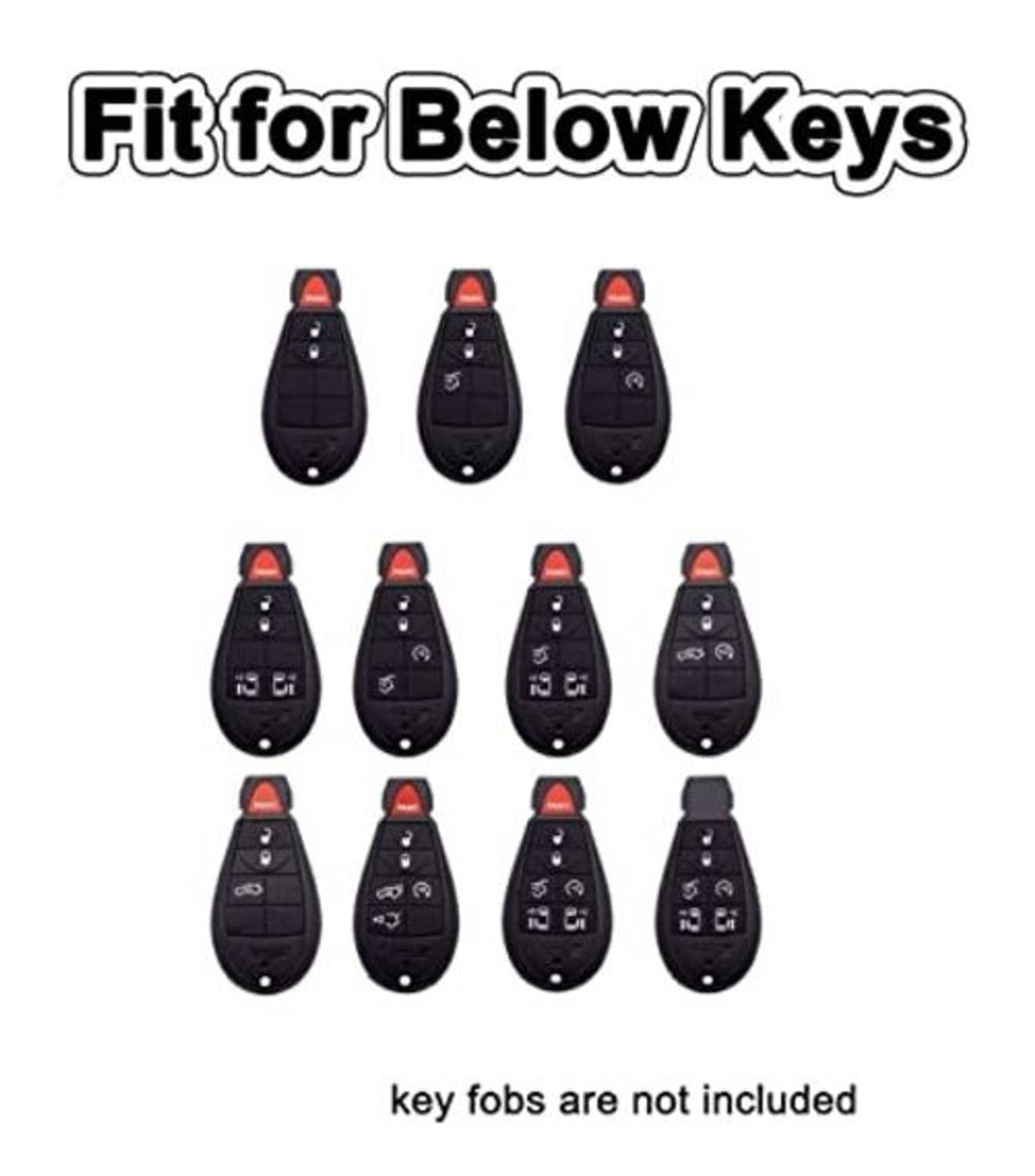 Assorted smart remote key fob cover cases in black with red tops, varied views