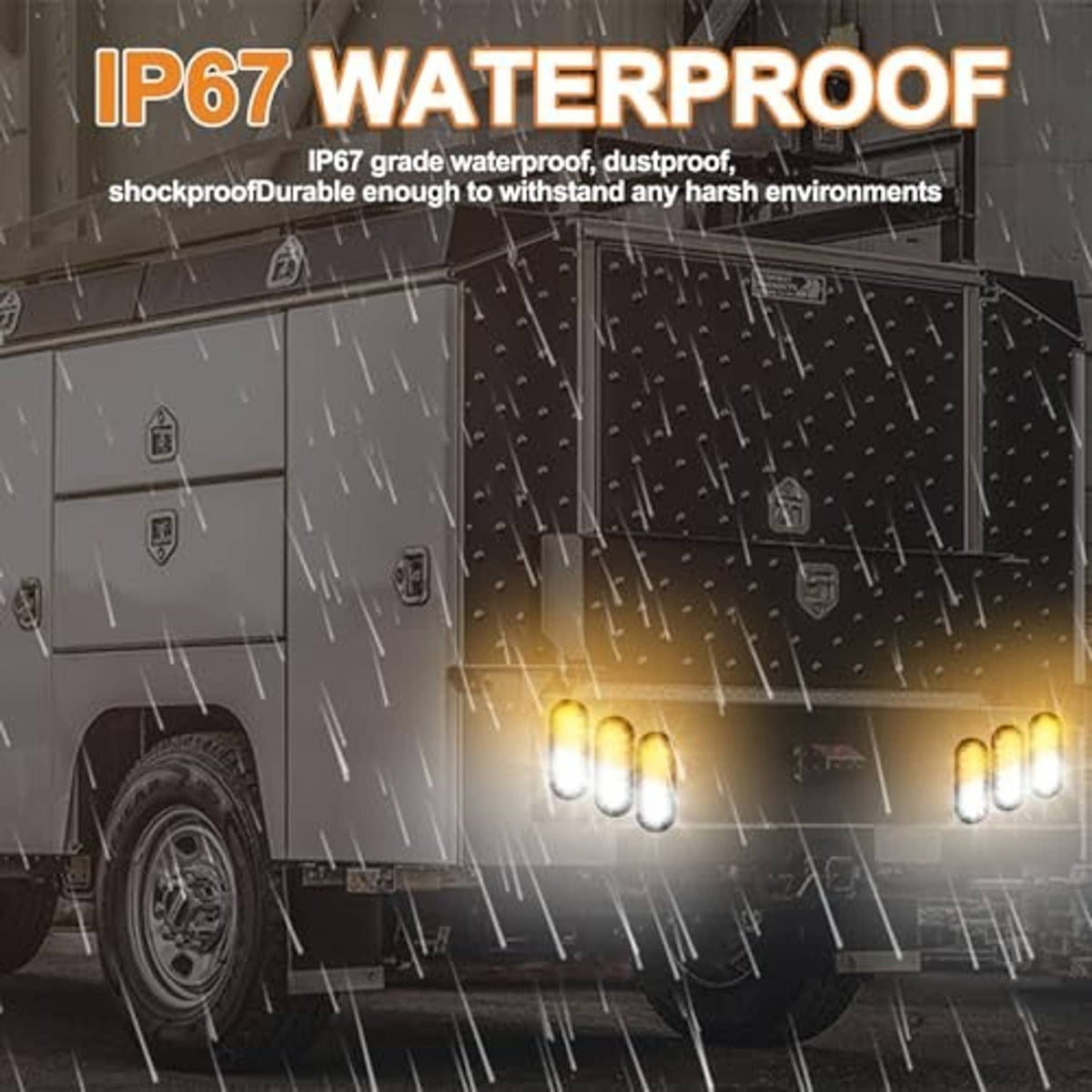 Oval LED strobe trailer light mounted on a vehicle, amber and white LED bulbs visible