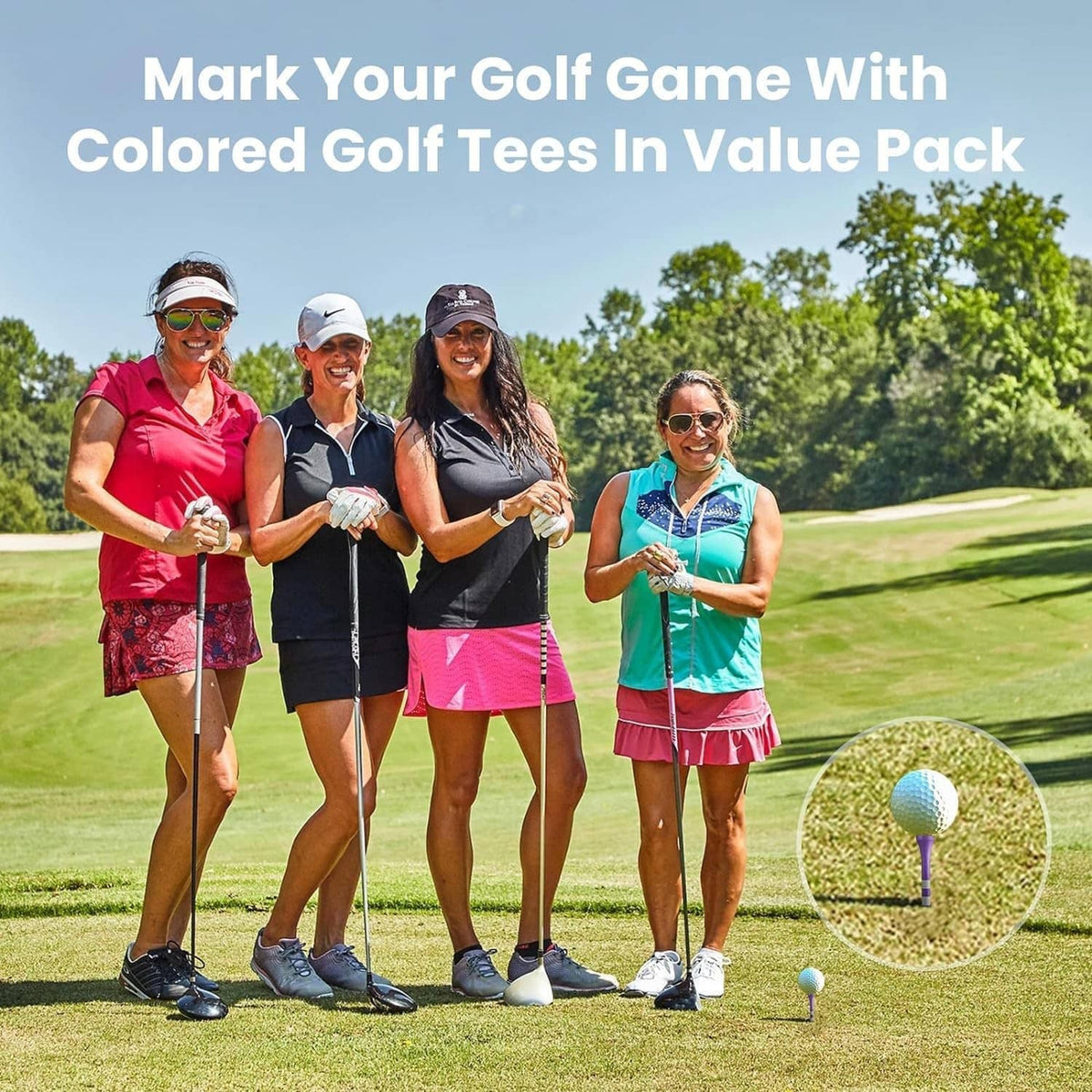 Colorful golf tees in a value pack scattered on a sunny golf course
