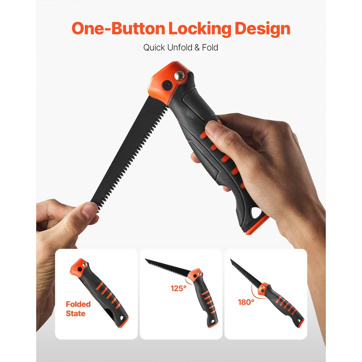 Folding hand saw with one-button locking design, black and orange handle