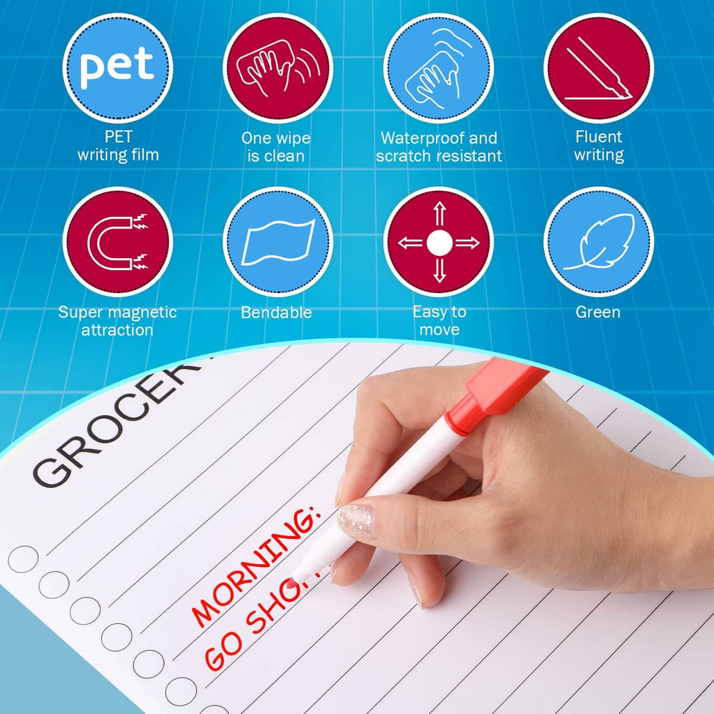Magnetic dry-erase grocery list board with check lines and red marker writing
