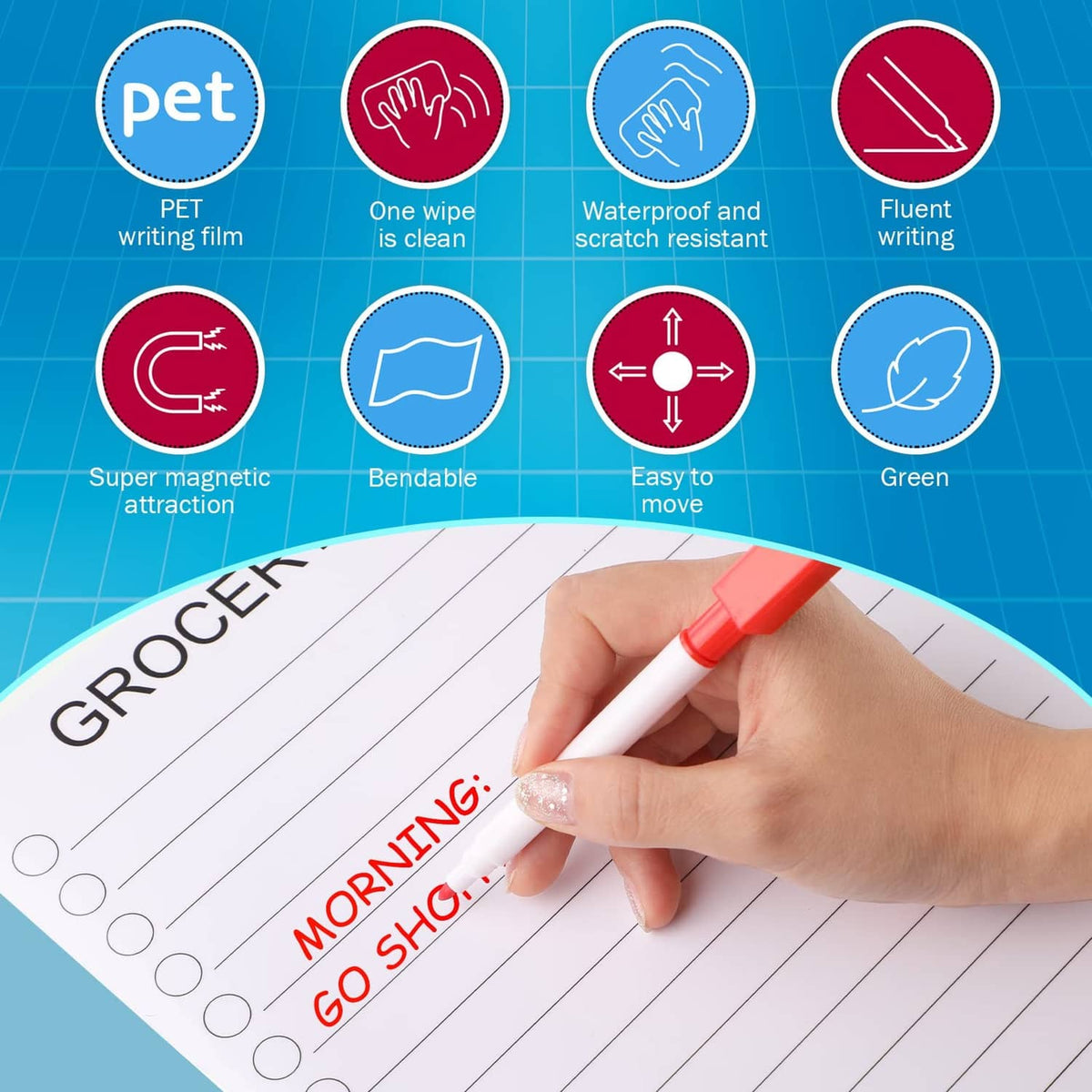 Magnetic dry-erase grocery list board with check lines and red marker writing