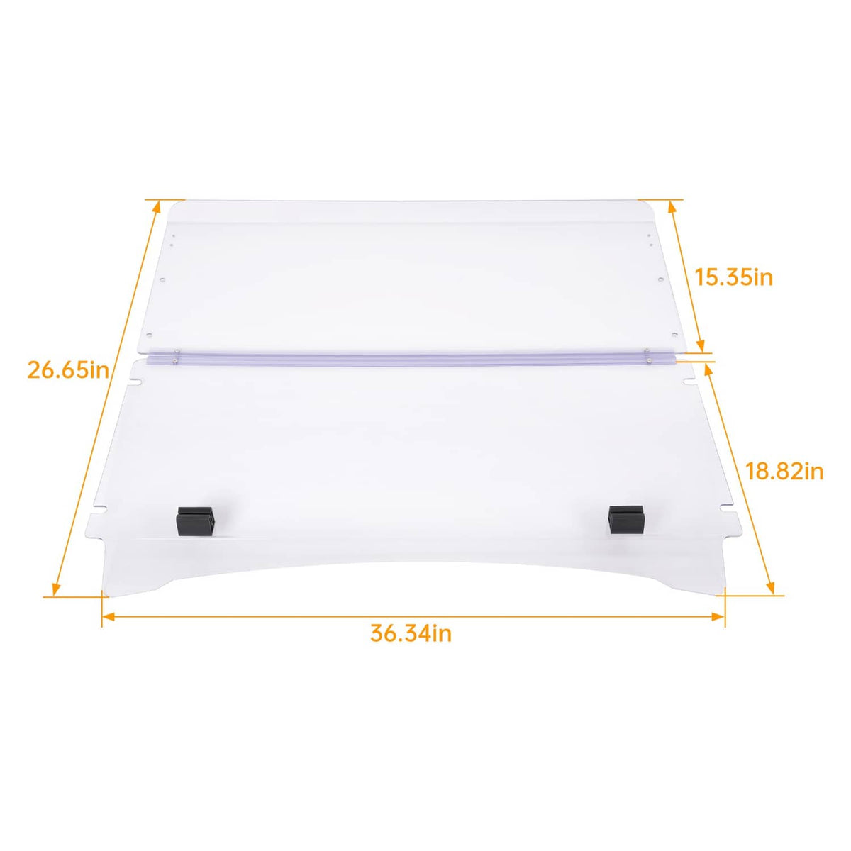 Foldable clear windshield windscreen panel with size dimensions overlay