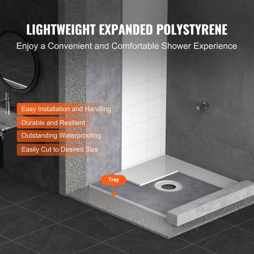 Gray waterproof shower curb tray kit with central drain opening in place