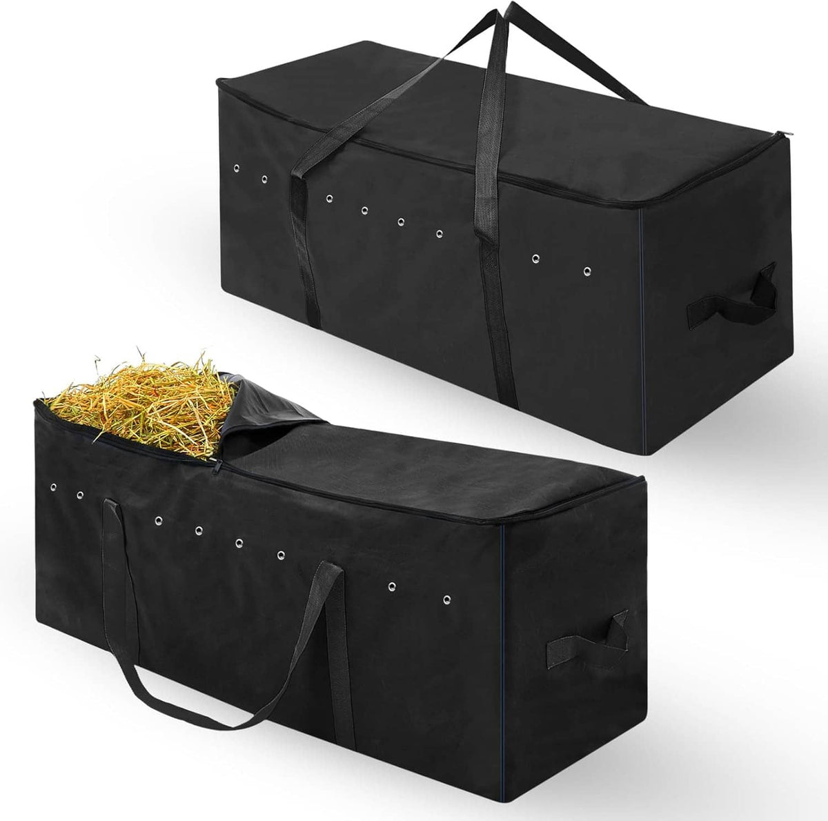 2-pack black hay storage containers with zipper tops, side handles, and perforated vent panels
