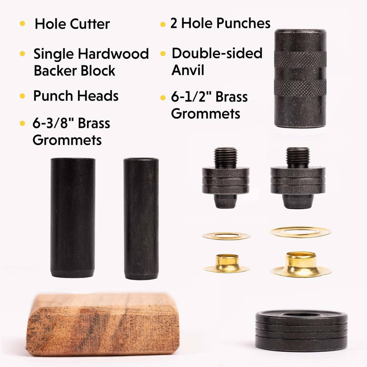 Grommet kit components: hole punches, backer block, and brass grommets