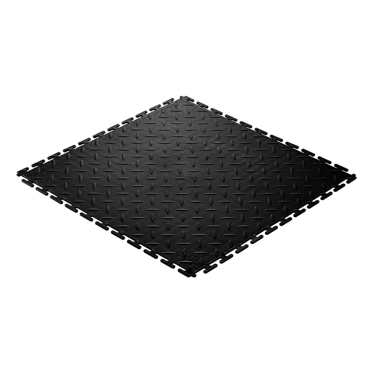 Black PVC interlocking floor tile corner section with raised diamond texture