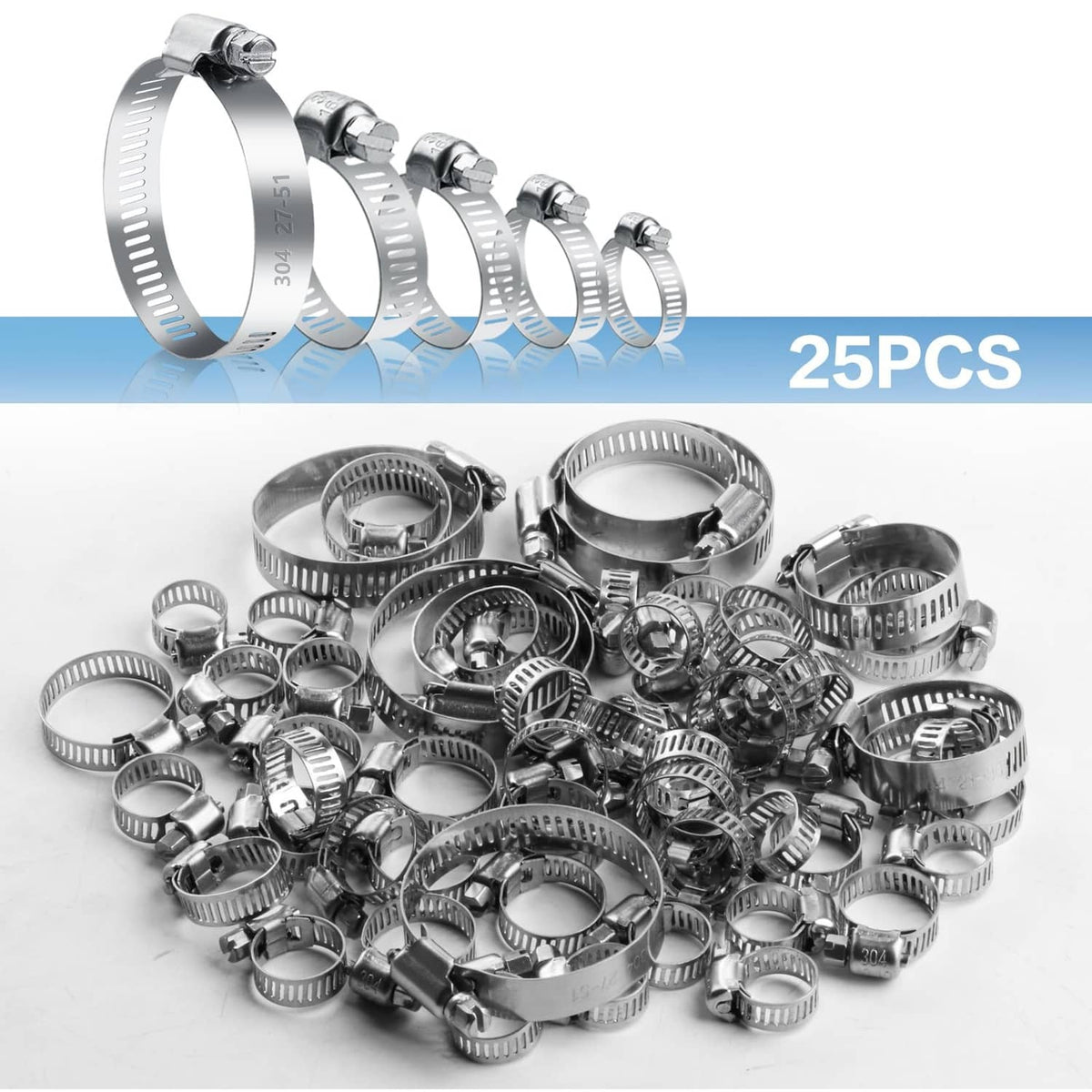 Assorted stainless steel hose clamps, multiple metal band clamps in a pile