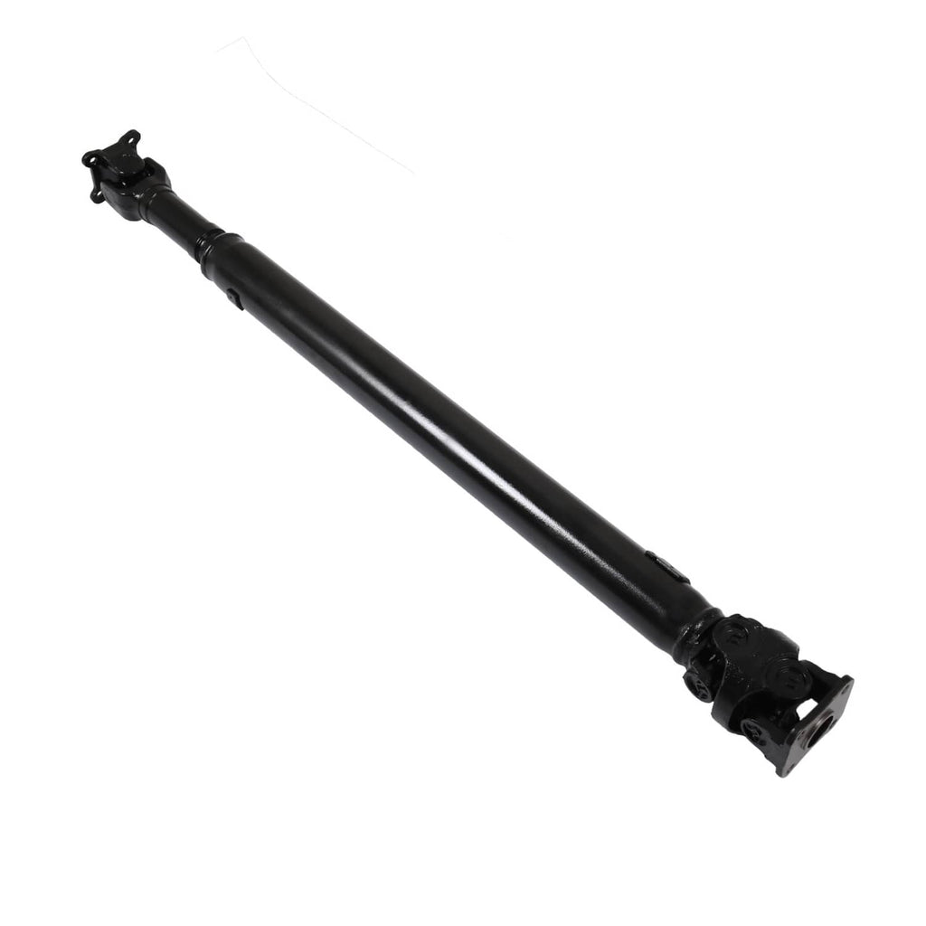 Rear drive shaft assembly black tube with front yoke and U-joint, close angled view