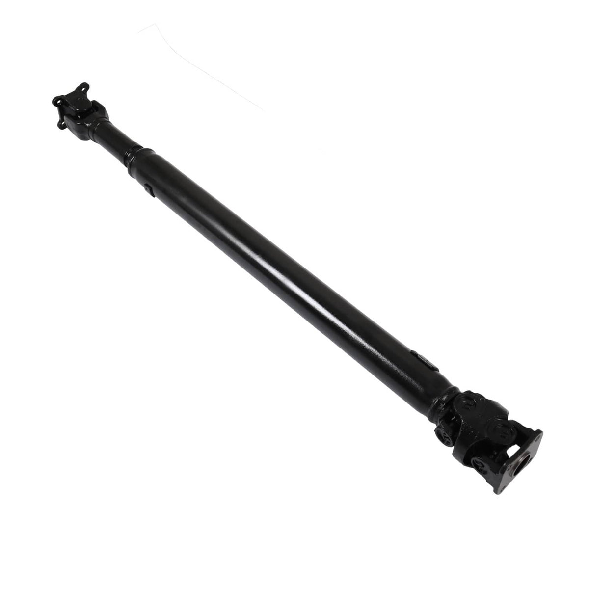 Rear drive shaft assembly black tube with front yoke and U-joint, close angled view