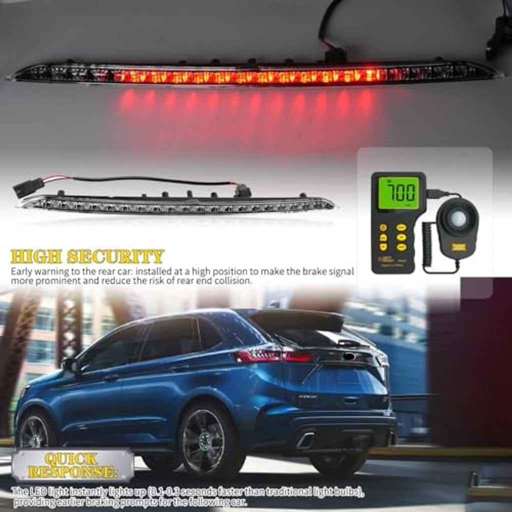 LED third brake light bar shown with glowing red LED row and wiring harness.