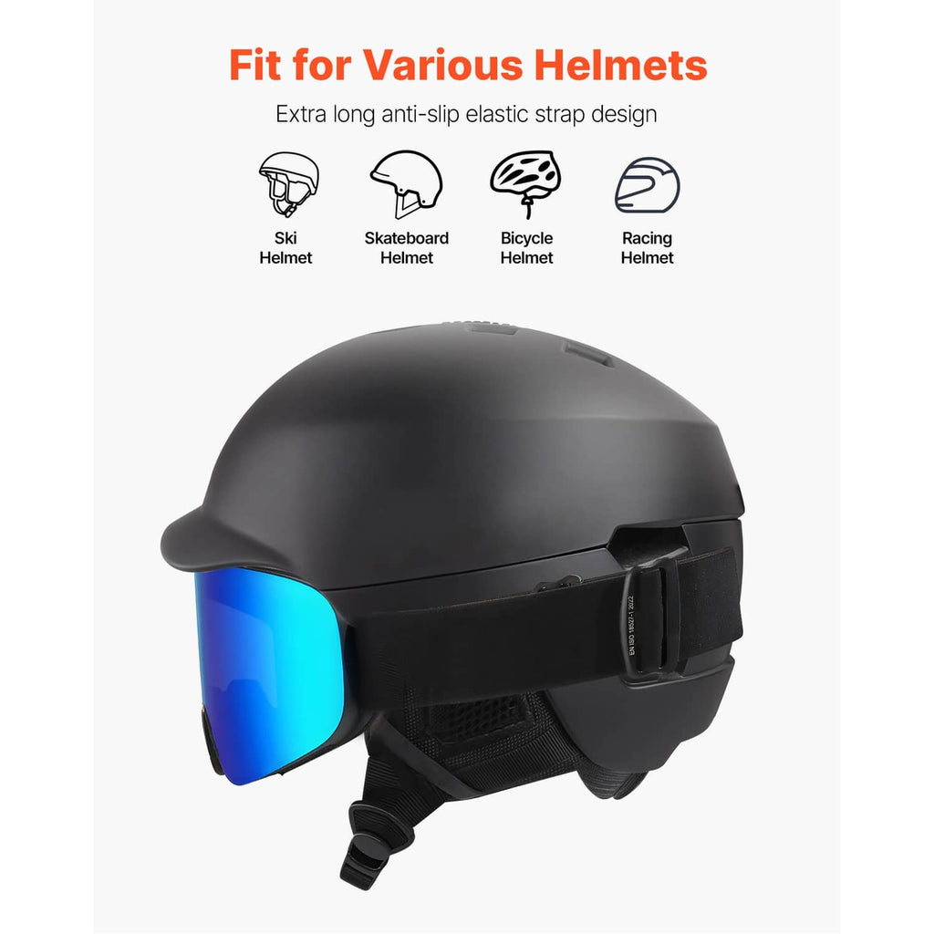 Black helmet-compatible ski goggles with blue mirrored lens