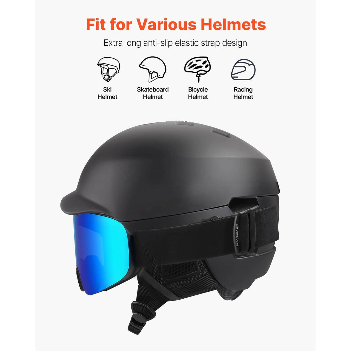 Black helmet-compatible ski goggles with blue mirrored lens