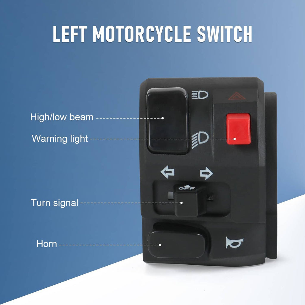 Left motorcycle handlebar switch with red warning button and multi-function icons