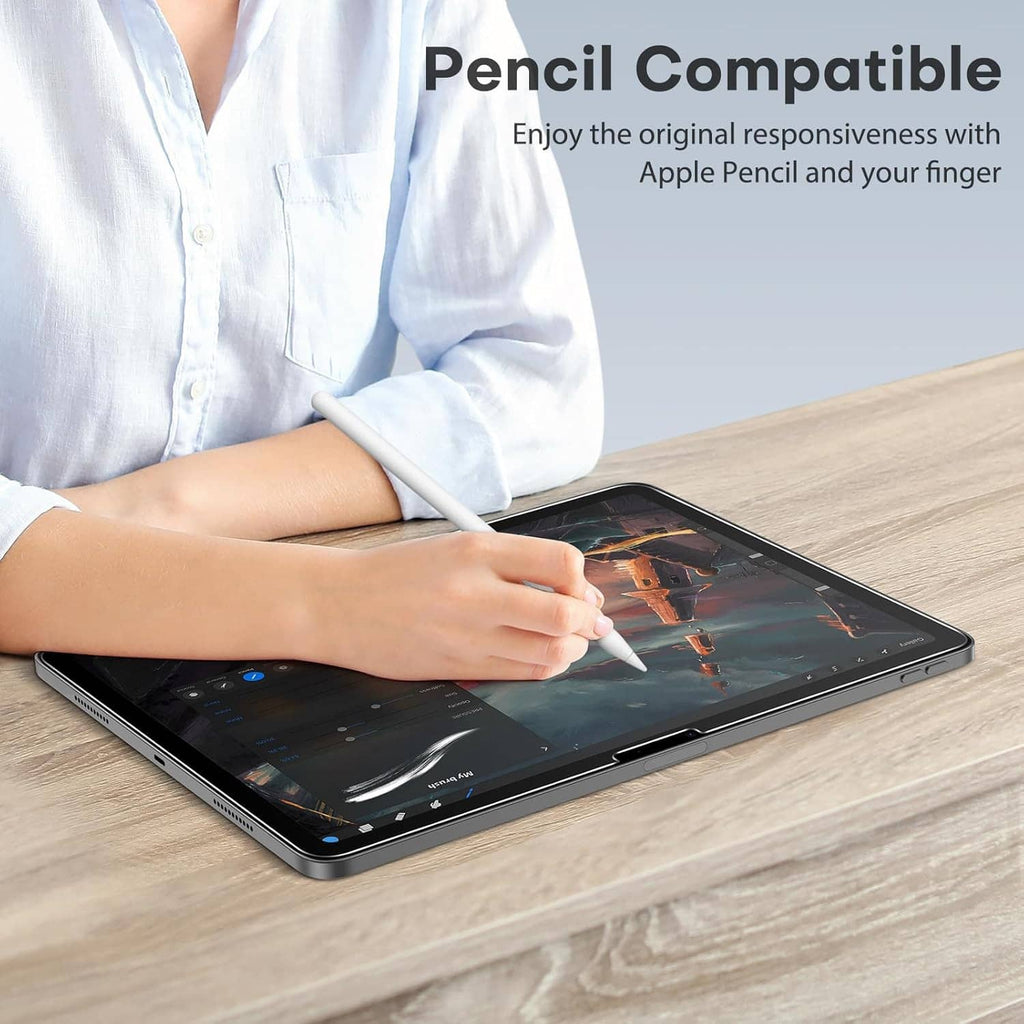 iPad screen protector with tempered glass, clear finish, used with a stylus pen