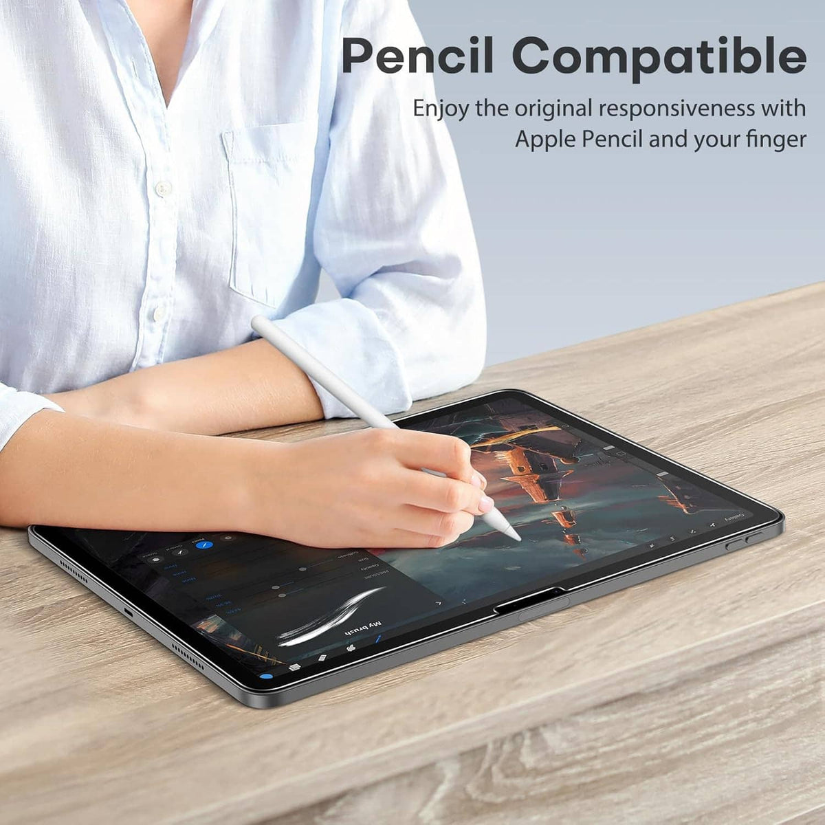 iPad screen protector with tempered glass, clear finish, used with a stylus pen