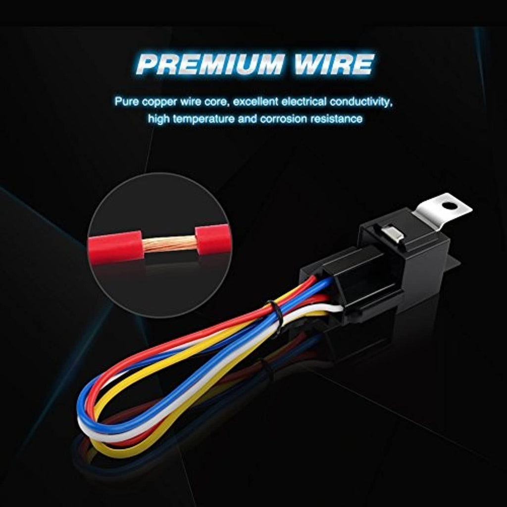 5-pin relay harness with multi-colored wire leads and crimped copper terminal