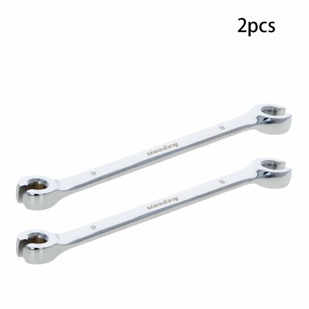 Two double open-end flare-nut wrenches in chrome, 6mm and 8mm sizes.