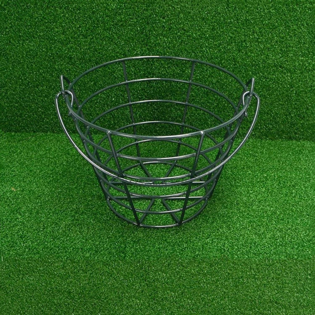 Dark metal round golf ball basket with open top and arched wire frame, side handles