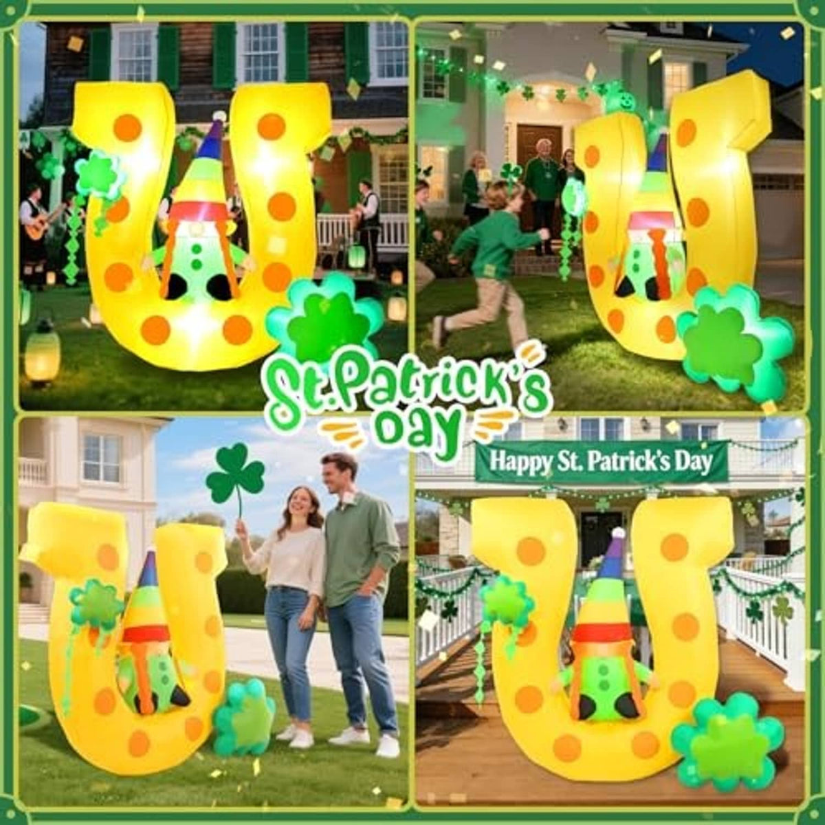 Inflatable St. Patrick's Day yard decoration set in a front yard with people nearby