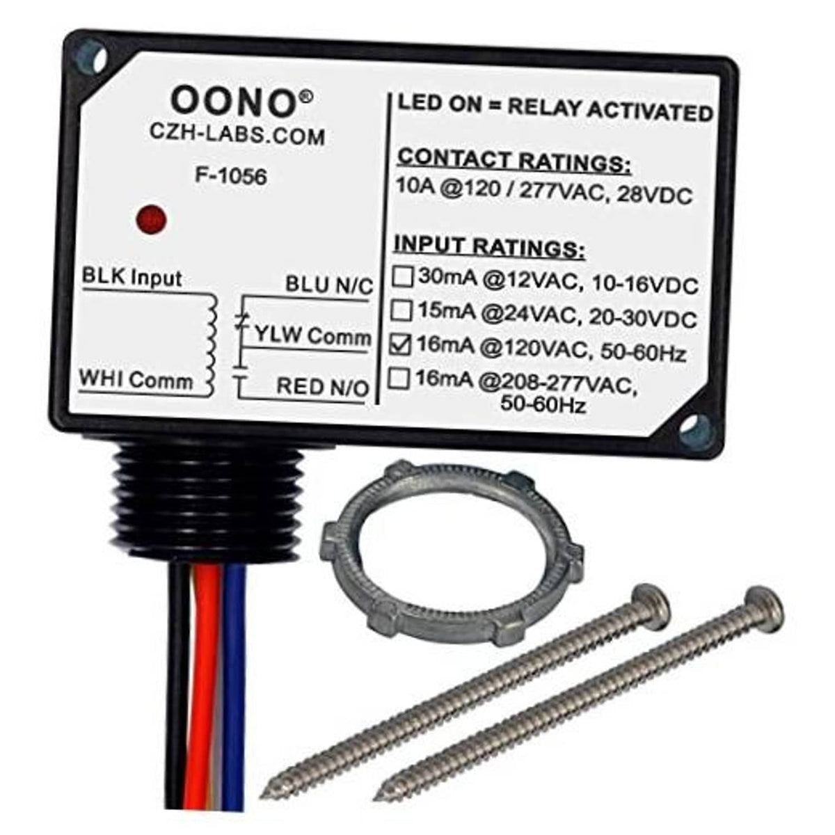 Power relay module with black enclosure, ratings label, red/blue leads, and mounting screws.