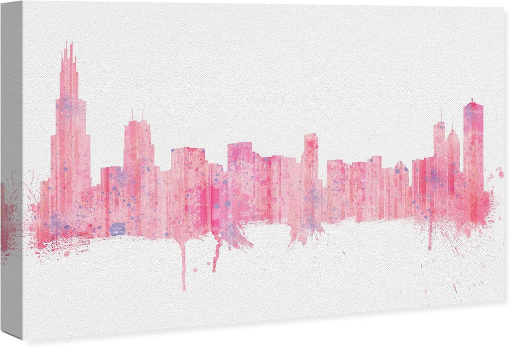 Wrapped canvas wall art showing a pink city skyline with watercolor texture and splatters