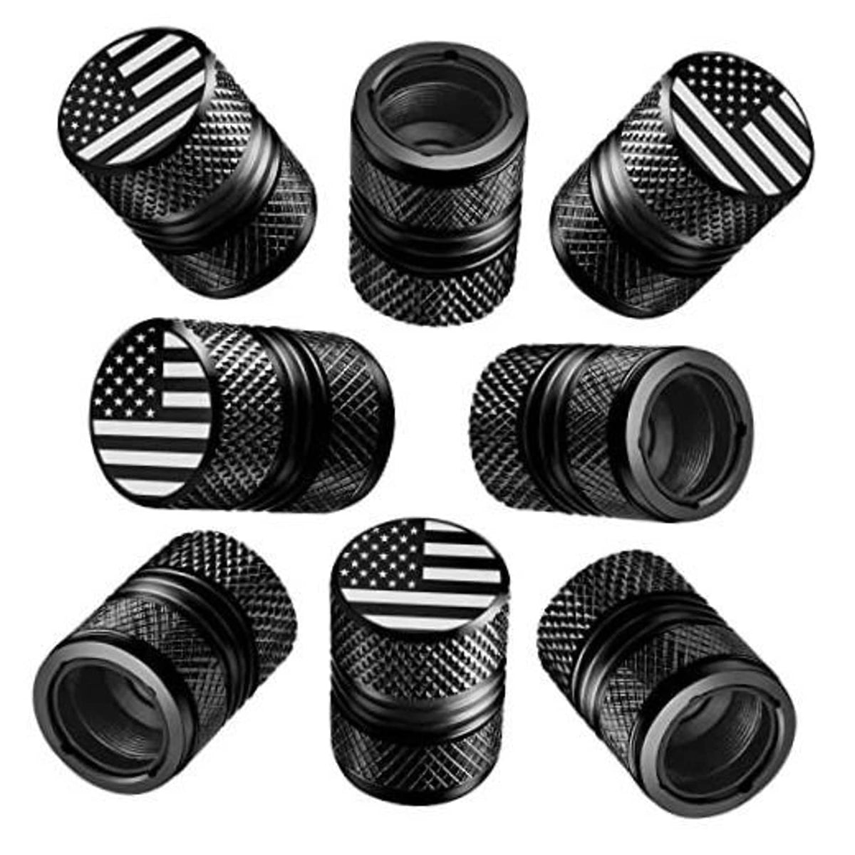 Set of 8 black tire valve stem caps with American flag tops, textured grip
