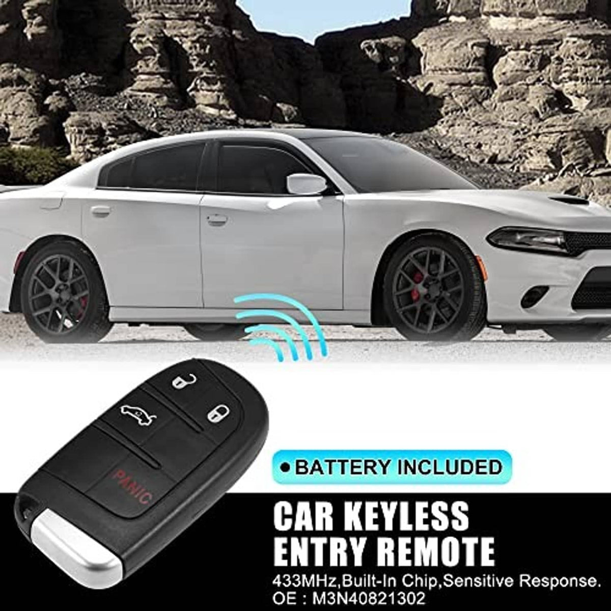 Black keyless entry remote with blue signal icon and red PANIC button, key blade docked