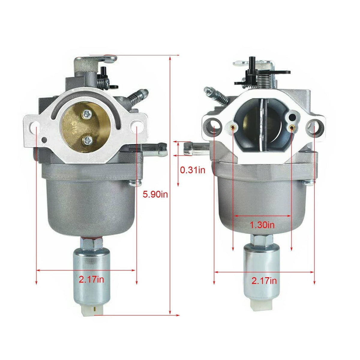 Carburetor replacement with front and side views plus measurement diagram